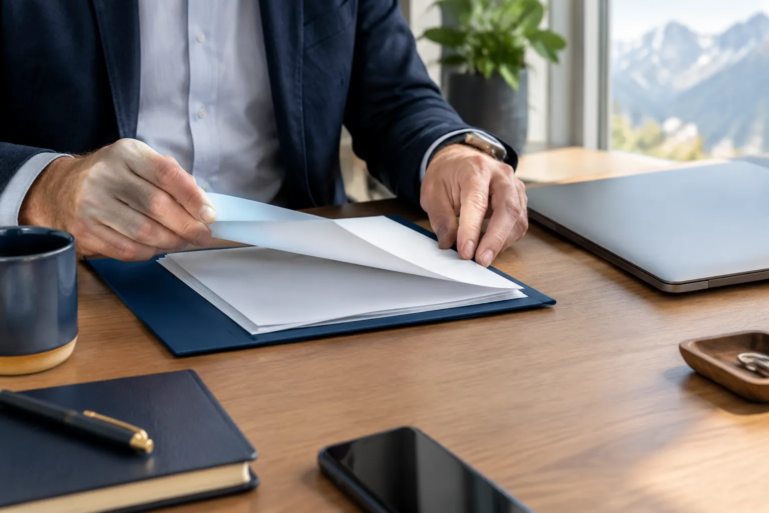 Homme en costume feuilletant des documents au bureau.