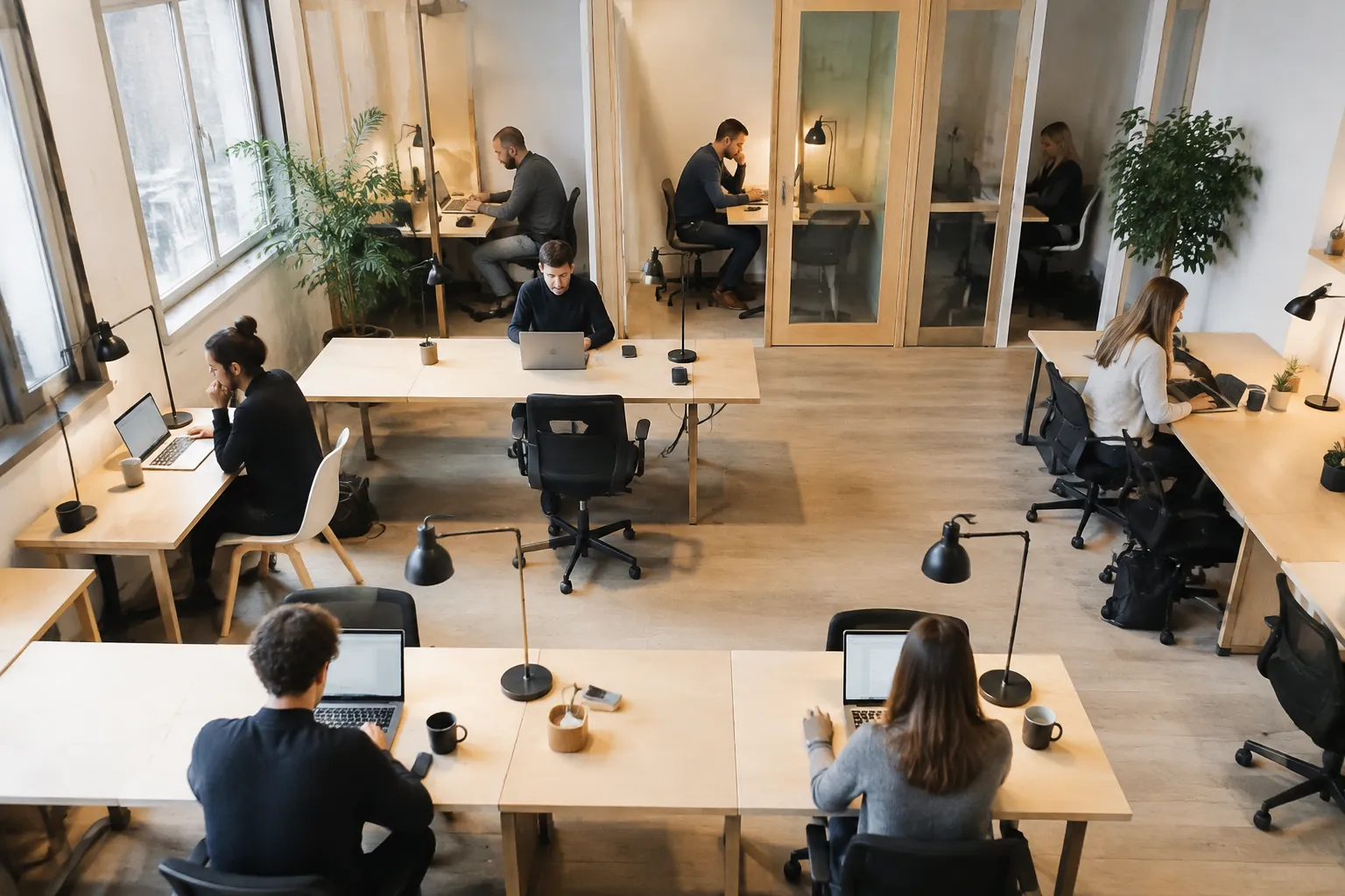 Espace de travail moderne avec plusieurs personnes utilisant des ordinateurs portables.