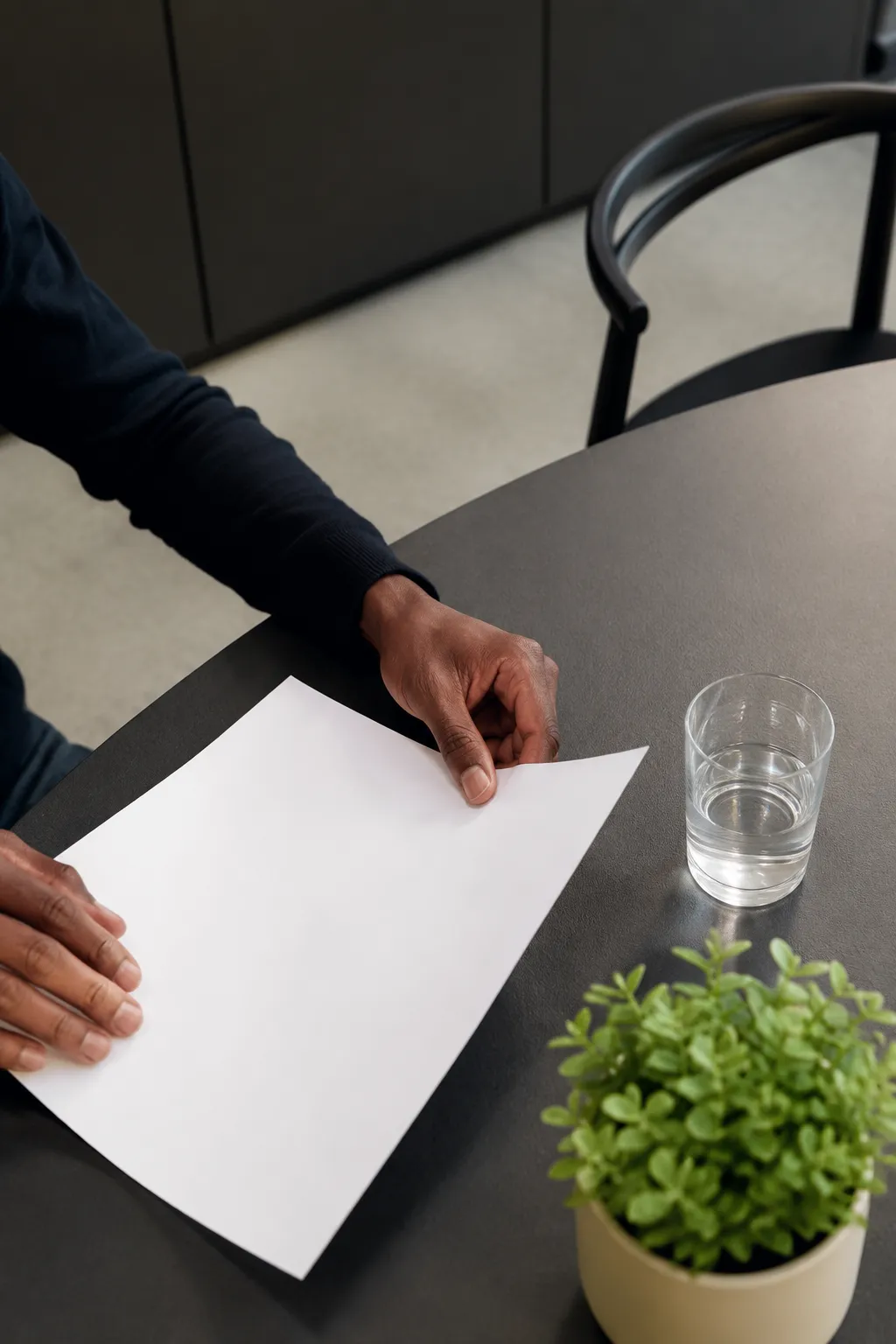 Mains d'une personne écrivant sur une feuille blanche, avec un verre d'eau et une plante verte sur le bureau.