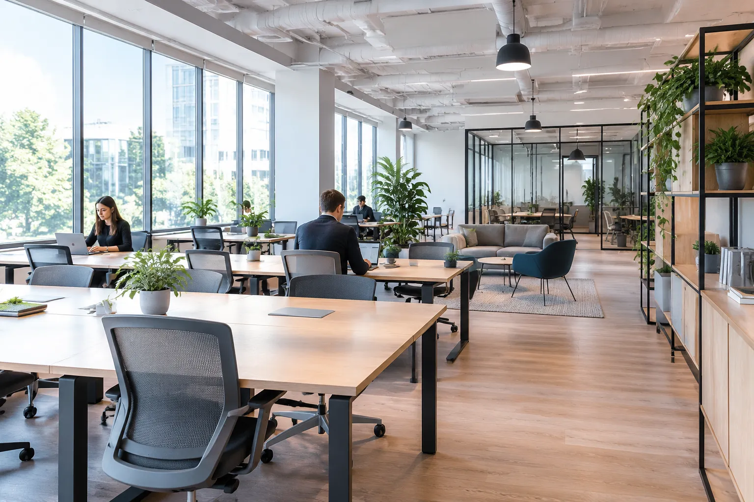 Espace coworking moderne, bureaux modulables, lumière naturelle, contraste avec centre d'affaires.